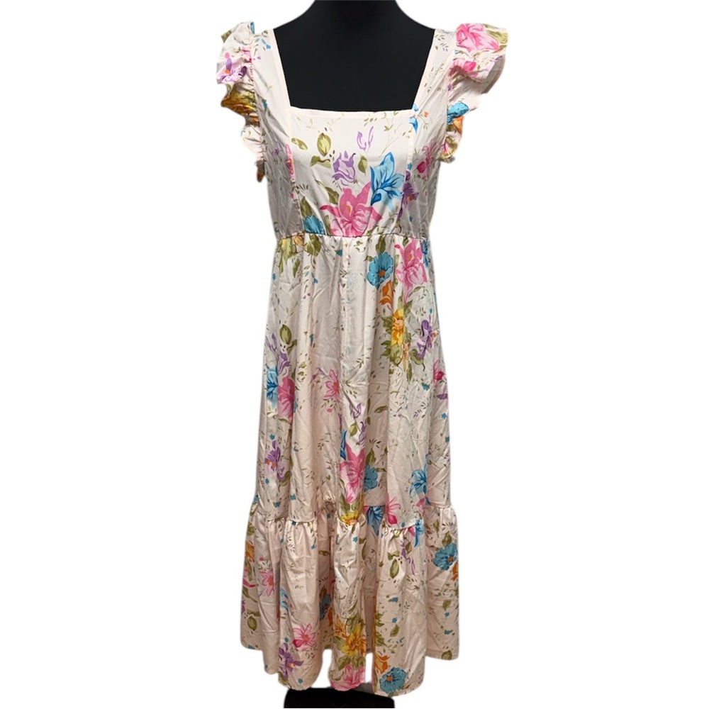 SHEIN Pink and Blue Square Neck Midi Dress. Cottagecore Feminine Floral